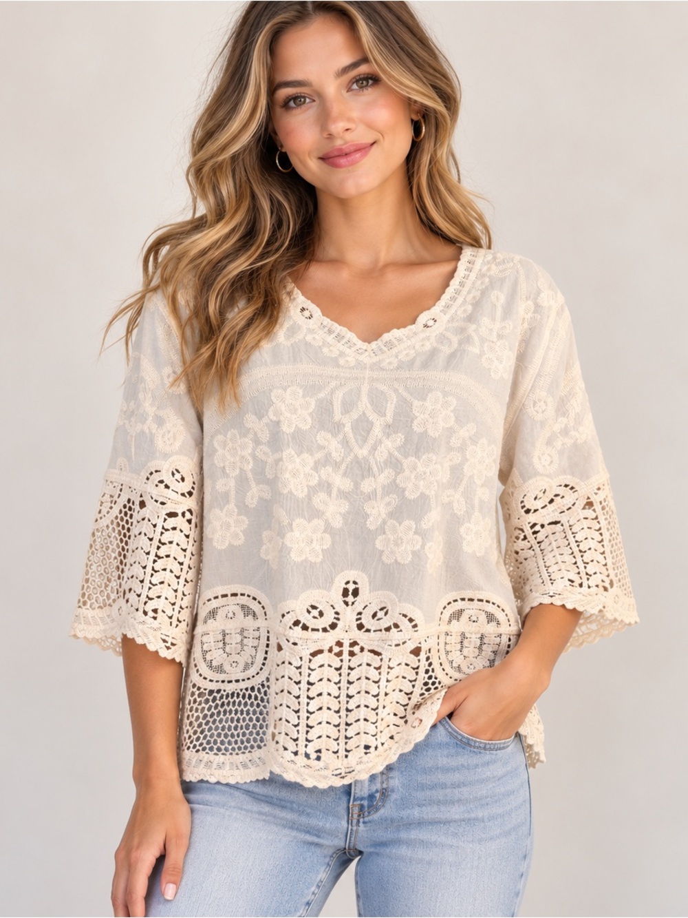 NWT Democracy Ivory Embroidered Crochet Lace Boho Top XL